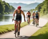 Tävlande i triathlon Sverige cyklar längs en naturskön väg vid en sjö.