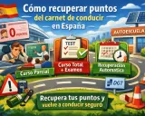 Ilustración de un **centro de recuperación de puntos** para el carnet de conducir en España. Muestra un conductor preocupado, clases, exámenes y la opción de recuperación automática.