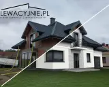 Dom w budowie po lewej, po prawej wizualizacja z nowoczesnym malowaniem elewacji wzorami.