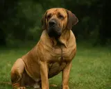 Un majestueux Fila Brasileiro, au pelage fauve, assis dans l'herbe verte, avec un regard attentif.