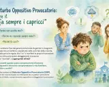 Un bambino con espressione arrabbiata, forse un neonato iperattivo, circondato da genitori preoccupati e pensieri confusi.