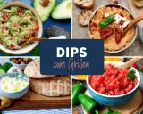 Vier bunte Dips zum Grillen: Guacamole, Tomaten-Dip, Joghurt-Dip und ein cremiger Dip mit getrockneten Tomaten. Perfekt für die nächste Grillparty!