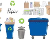 Ilustracja pokazuje, co się dzieje ze śmieciami: papierowe odpady trafiają do niebieskich pojemników na śmieci i worków, gotowe do recyklingu.