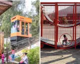 Un ascensor naranja transporta gente en Santiago, mientras una niña juega en una estructura roja.
