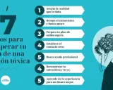 7 pasos para recuperar tu vida de una relación tóxica: acepta la realidad, busca apoyo, planifica tu salida, contacto cero, ayuda profesional, reconstruye tu autoestima y aprende.