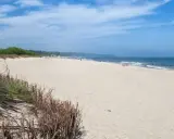 Swarzewo plaża: piaszczysta, szeroka, z wydmami i zielenią. Błękitne niebo, spokojne morze.