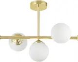 Elegancka lampa kule srebrna z pięcioma mlecznymi kloszami na złotym stelażu.