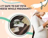 Gravid kvinna äter sallad. Bilden visar fetaost och kex, och frågar om det är säkert att äta fetaost när man är gravid.