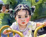 Niña con coletas y pendientes amarillos, transformada de foto a acuarela, sentada en un volante amarillo.