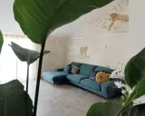 Divano turchese in un salotto con carta da parati a tema giungla e piante rigogliose, per un perfetto **stile jungle chic**.