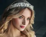 Piękna kobieta z falowanymi blond włosami nosi bogato zdobioną tiarę srebrną, która dodaje jej królewskiego blasku.