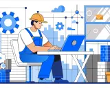 Un programmatore automazione lavora al suo laptop, circondato da ingranaggi e grafici, creando sistemi efficienti.