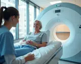 Uśmiechnięta pacjentka leży na łóżku obok aparatu PET. Pielęgniarka wyjaśnia, ile trwa badanie PET, uspokajając ją przed procedurą.