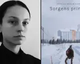 Pernilla Wåhlin Norén, författaren till "Sorgens princip", porträtterad bredvid bokomslagets dystopiska vinterlandskap med en ensam figur på väg mot en industriell byggnad.