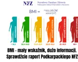 Grafika pokazuje skalę BMI od niedowagi (poniżej 18,5) do otyłości III stopnia. Wskaźnik BMI 15 oznacza znaczną niedowagę.