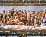 Bogowie Olimpu w chmurach. Wspaniała scena z mitologii greckiej, gdzie Zeus zasiada na tronie, otoczony przez innych bogów i boginie.