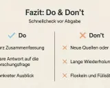 Der **Erzähler** zeigt eine Checkliste mit Do's und Don'ts für eine Abgabe: Kurzfassung, klare Antwort, Ausblick sind gut. Neue Quellen, Wiederholungen, Füllsätze sind schlecht.