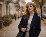 Elegancka kobieta w beżowym beretu i granatowym płaszczu spaceruje po jesiennej ulicy. Oto jak nosić beret damski, by wyglądać stylowo.