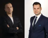 Dwaj mężczyźni w garniturach, jeden na ciemnym tle, drugi na jasnym.