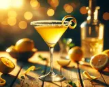 Elegancki kielich z drinkiem lemon drop, ozdobiony skórką cytryny, otoczony świeżymi cytrynami i butelką alkoholu.