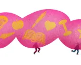 Människor bär rosa moln med symboler för kunskap, hälsa och framgång, en visuell metafor för att hantera livets **dukkha** i buddhismen.