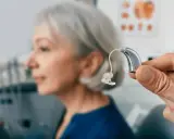 Dłoń prezentuje aparat słuchowy, który może pomóc seniorowi. Dowiedz się, ile kosztuje aparat słuchowy dla seniora.