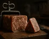 Un bloc de fromage de tête fumant, coupé en part, sur une planche en bois rustique. Un couteau à côté.