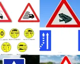Znaki na autostradzie: ostrzegawcze przed żwirem, mgłą, zwierzętami, ograniczenia prędkości, pasy ruchu i inne.