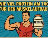 Ein muskulöser Mann mit einem Proteinbehälter fragt: "Wieviel Protein pro Tag Muskelaufbau?