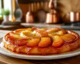 Tarte Tatin aux pommes, dorée et brillante, baignant dans un caramel onctueux. Un délice gourmand prêt à être dégusté.