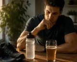 Mann mit Laufschuhen, Wasserflasche und Bierglas am Tisch. Überlegt, ob Sport nach Alkohol am Vorabend eine gute Idee ist.
