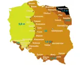 Mapa Polski z zaznaczonymi strefami przemarzania gruntu. Wartości od 0,8 m do 1,4 m.