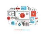 Grafika przedstawia elementy związane z **audytem ecommerce**: koszyk, komputer, kartę płatniczą, torbę na zakupy, procenty, lokalizację i zegar.