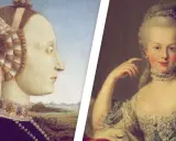 Zwei Porträts von Frauen, eine im mittelalterlichen Stil mit aufwendiger Frisur und Schmuck, die andere im Rokoko-Stil mit zarter Haut und üppiger Kleidung.