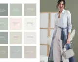 Tavolozza di colori per interni, con tonalità che vanno dal verde salvia al beige chiaro, come il "Pale Oak". Una modella indossa abiti in lino color crema.