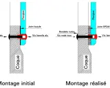 Schéma comparant deux montages de hublot de bateau : initial avec joint butyle et réalisé avec joint EPDM pour refaire le joint.