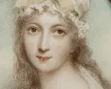 A delicate miniature portrait of a woman in a bonnet, framed by pearls. This tiny artwork captures a moment in time, showcasing the artistry of miniature portraits.