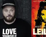 Man med keps och t-shirt med texten "LOVE YOURSELF" bredvid bokomslaget "Historien om Leila K".