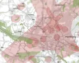 Karte von Hamburg und Umgebung mit roten Kreisen und Kreuzen, die Gebiete markieren. Ich darf mit meinem UAS hier fliegen.