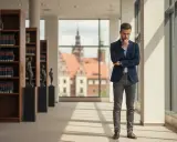 Młody mężczyzna w garniturze rozmyśla w bibliotece, gdzie panuje atmosfera sprzyjająca studiom prawniczym.