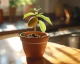 Jeune plant de manguier en pot, avec un petit fruit encore attaché au noyau de mangue, baigné de lumière.