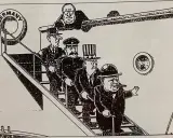Karikatur: "Der Lotse geht von Bord" – Stalin, Churchill & Co. steigen aus Deutschland aus. Ein Mann mit Brille blickt von oben herab.