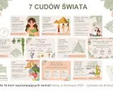 Ilustracja przedstawia kolaż grafik i tekstu o 7 cudach świata, w tym piramid, posągów i świątyń.