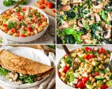 Vier leckere, einfache gesunde gerichte: Couscous-Salat, Orzo-Pfanne mit Pilzen, gefüllter Crêpe und Kichererbsen-Salat.