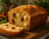 Un pain moelleux aux tomates séchées et feta, encore chaud, avec une tranche coupée révélant ses trésors fondants.