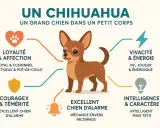 Un adorable chien chihuahua, loyal, vif et intelligent, est représenté avec ses qualités : affection, énergie, courage, alarme et caractère.