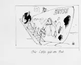 Karikatur: Ein Mann steigt eine Leiter hinab, während ein Schiff mit der Aufschrift "UdSSR" und Löchern im Rumpf sinkt. Der Lotse geht von Bord.