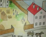 Dzieci z placu broni, jak w lekturze, bawią się w grupkach. Na pierwszym planie wóz z ładunkiem ciągnięty przez konia.