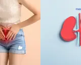 Kobieta z bólem w podbrzuszu i symbol nerek. Szukasz leki na śmierdzący mocz?