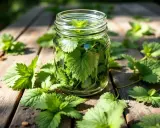 Un bocal rempli de feuilles d'ortie, prêt à devenir du purin d'ortie, est posé sur une table en bois.